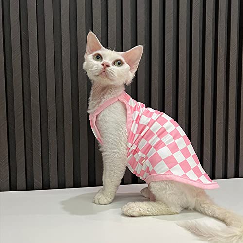 Sphynx Cat Clothes Summer Ice Silk Vest Vintage Plaid Camis Ultra Thin Breathable Lightweight Kitten Apparel Pet Clothes for Cat (XXL(11-15lbs), Pink Plaid)