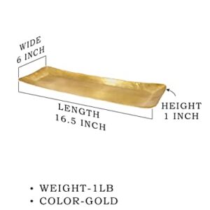 Serene Spaces Living Gold Rectangle Brass Tray, Decorative Vanity Tray, Cosmetic & Jewelry Organizer, Serving Platter, Fruit Holder, Candle Holder for Coffee Table, 16.5" Long X 6" Wide X 1" High