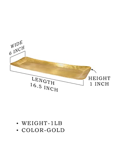 Serene Spaces Living Gold Rectangle Brass Tray, Decorative Vanity Tray, Cosmetic & Jewelry Organizer, Serving Platter, Fruit Holder, Candle Holder for Coffee Table, 16.5" Long X 6" Wide X 1" High