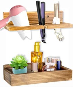 hair tool organizer wall mounted - wooden hair dryer holder, rustic blow dryer holder for curling iron, hot tools, hair straighteners, set of 2 bathroom vanity tray for makeup,toiletries, brown