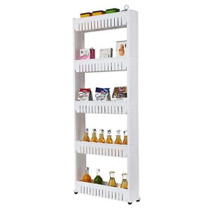 5.1in Slim Rolling Storage Cart on Wheels Narrow Plastic Shelf Unit Movable 5-Tier Thin Storage Utility Cart Rack for Bathroom, Bedroom, Office, Kitchen, Living Room (White, 5-Tier)