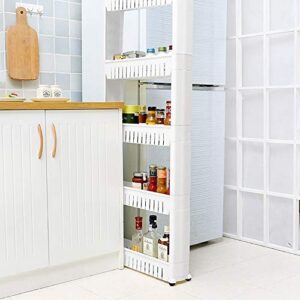 5.1in Slim Rolling Storage Cart on Wheels Narrow Plastic Shelf Unit Movable 5-Tier Thin Storage Utility Cart Rack for Bathroom, Bedroom, Office, Kitchen, Living Room (White, 5-Tier)