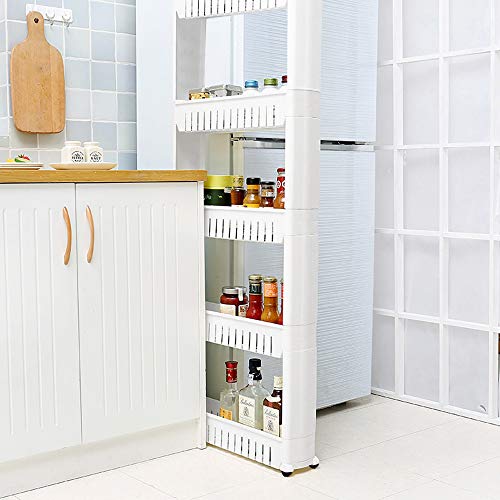 5.1in Slim Rolling Storage Cart on Wheels Narrow Plastic Shelf Unit Movable 5-Tier Thin Storage Utility Cart Rack for Bathroom, Bedroom, Office, Kitchen, Living Room (White, 5-Tier)