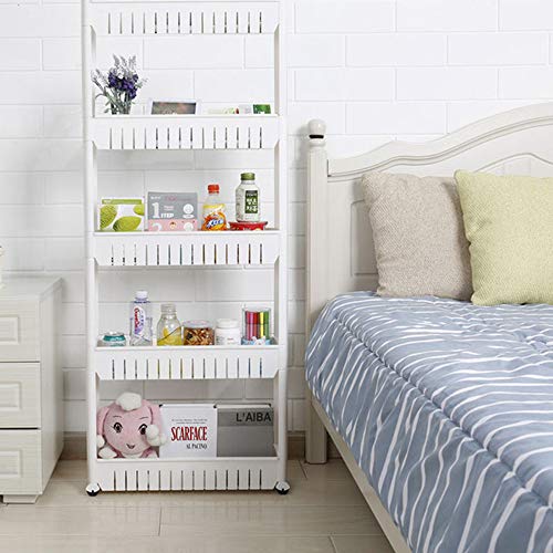 5.1in Slim Rolling Storage Cart on Wheels Narrow Plastic Shelf Unit Movable 5-Tier Thin Storage Utility Cart Rack for Bathroom, Bedroom, Office, Kitchen, Living Room (White, 5-Tier)