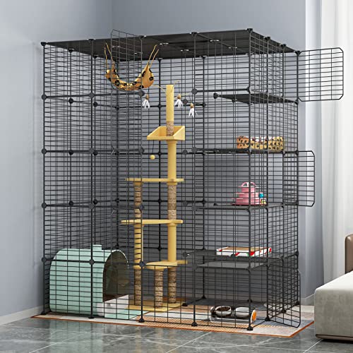 Eiiel Large Cat Cage Indoor Cat Playpen Metal Wire Kennels Crate Ideal for 1-4 Cats, 54 L x 41W x 69 H Inch, Black