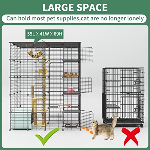 Eiiel Large Cat Cage Indoor Cat Playpen Metal Wire Kennels Crate Ideal for 1-4 Cats, 54 L x 41W x 69 H Inch, Black