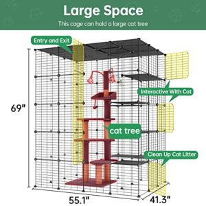Eiiel Large Cat Cage Indoor Cat Playpen Metal Wire Kennels Crate Ideal for 1-4 Cats, 54 L x 41W x 69 H Inch, Black