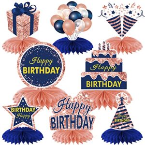 rose gold navy blue happy birthday decorations table honeycomb centerpieces, 8pcs happy birthday table party supplies for women girls, 16th 21st 30th 40th 50th 60th bday table topper sign decor