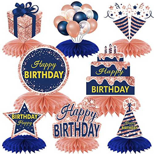 Rose Gold Navy Blue Happy Birthday Decorations Table Honeycomb Centerpieces, 8Pcs Happy Birthday Table Party Supplies for Women Girls, 16th 21st 30th 40th 50th 60th Bday Table Topper Sign Decor