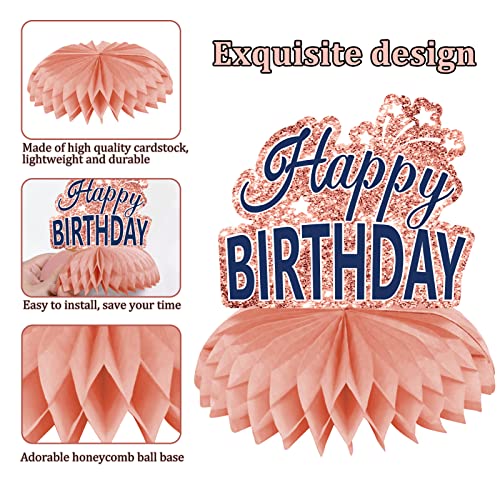 Rose Gold Navy Blue Happy Birthday Decorations Table Honeycomb Centerpieces, 8Pcs Happy Birthday Table Party Supplies for Women Girls, 16th 21st 30th 40th 50th 60th Bday Table Topper Sign Decor