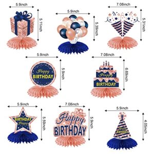 Rose Gold Navy Blue Happy Birthday Decorations Table Honeycomb Centerpieces, 8Pcs Happy Birthday Table Party Supplies for Women Girls, 16th 21st 30th 40th 50th 60th Bday Table Topper Sign Decor