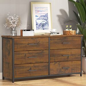 ikeno 6 drawer double dresser, industrial wood dresser for bedroom, storage cabinet with sturdy steel frame