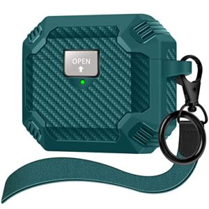 youskin airpod pro case cover with secure lock clip,military armor series full-body shockproof hard shell protective for men women with keychain carabiner,carbon fiber airpod case for airpod pro,green