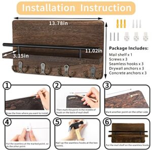 AIVIIN Key Holder for Wall Mail Organizer Wall Mount with 4 Double Key Hooks, Mail Holder Wall Mount with Shelf, Rustic Home Decor for Entryway Mudroom Hallway Office (13.78” X 11.02” X 3.15”) (Brown)