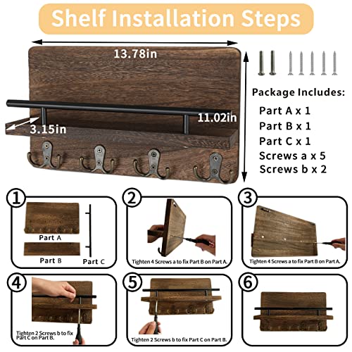 AIVIIN Key Holder for Wall Mail Organizer Wall Mount with 4 Double Key Hooks, Mail Holder Wall Mount with Shelf, Rustic Home Decor for Entryway Mudroom Hallway Office (13.78” X 11.02” X 3.15”) (Brown)