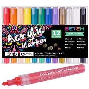 betem acrylic paint pens paint markers for rock painting, stone, ceramic, glass, wood, canvas. premium acrylic paint markers art supplies for adults kids diy crafts making