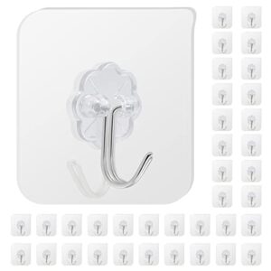 36pcs adhesive wall hooks for hanging heavy duty 22lbs(max), transparent waterproof wall hangers without nails picture hanging hooks sticky hooks for bathroom kitchen office outdoor keys hooks