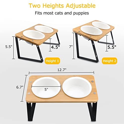 Elevated Ceramic Cat Bowls,15° Tilted Cat Bowls Stand for Food and Water,Adjustable Heights Raised Pet Feeding Dish with Bamboo Stand for Cats and Small Dogs,Anti Vomiting Cat Food Table