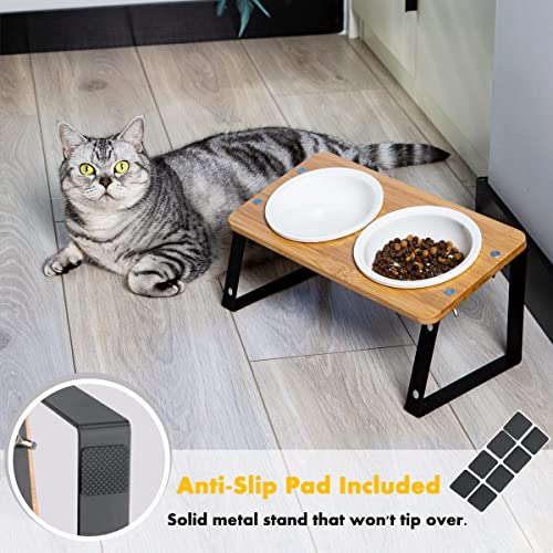 Elevated Ceramic Cat Bowls,15° Tilted Cat Bowls Stand for Food and Water,Adjustable Heights Raised Pet Feeding Dish with Bamboo Stand for Cats and Small Dogs,Anti Vomiting Cat Food Table