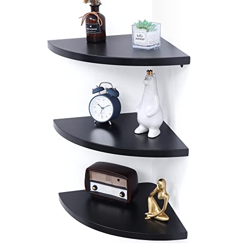 Corner Floating Shelves Set of 3 | Corner Wall Shelves | Wall Mounted Corner Storage Display Shelving for Bathroom, Bedroom, Living Room, Kitchen | 12-4/5" D x 12-4/5" W | Fan-Shaped, Matte Black