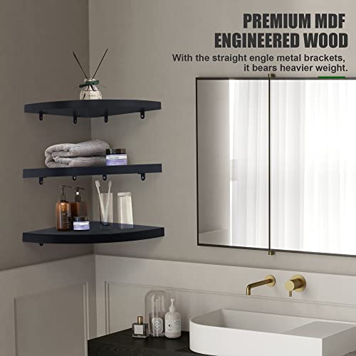 Corner Floating Shelves Set of 3 | Corner Wall Shelves | Wall Mounted Corner Storage Display Shelving for Bathroom, Bedroom, Living Room, Kitchen | 12-4/5" D x 12-4/5" W | Fan-Shaped, Matte Black