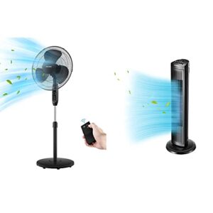 pelonis 16'' pedestal remote control, oscillating stand up fan 7-hour timer, 3-speed and adjustable height, pfs40a4bbb, supreme 16"-black & 30 inch oscillating tower fan