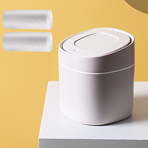 Plastic Mini Trash Can with Lid - 2 L Pop Up Wastebasket for Bathroom Vanity, Desktop, Tabletop or Coffee Table - Dispose of Cotton Rounds, Makeup Sponges, Tissues (Grey)