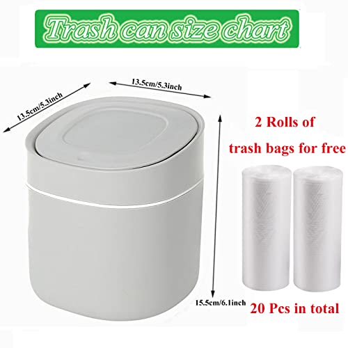 Plastic Mini Trash Can with Lid - 2 L Pop Up Wastebasket for Bathroom Vanity, Desktop, Tabletop or Coffee Table - Dispose of Cotton Rounds, Makeup Sponges, Tissues (Grey)