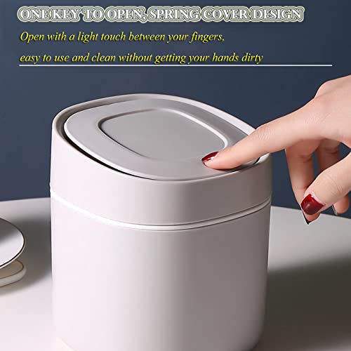 Plastic Mini Trash Can with Lid - 2 L Pop Up Wastebasket for Bathroom Vanity, Desktop, Tabletop or Coffee Table - Dispose of Cotton Rounds, Makeup Sponges, Tissues (Grey)