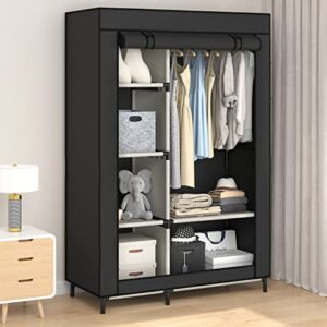 Buzowruil Canvas Wardrobe Portable Closet Wardrobe Clothes Storage with 6 Shelves and Hanging Rail,Non-Woven Fabric, Quick and Easy Assembly,Black