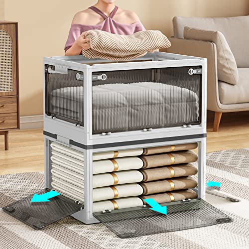 Collapsible Storage Bin with Lids, 54L Stackable Storage Container with 4 Wheels, Closet Organizers and Storage for Clothes, Clothing Storage with Secure Latching Lid, Foldable Storage Box, White