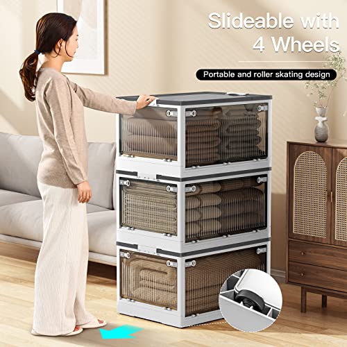 Collapsible Storage Bin with Lids, 54L Stackable Storage Container with 4 Wheels, Closet Organizers and Storage for Clothes, Clothing Storage with Secure Latching Lid, Foldable Storage Box, White