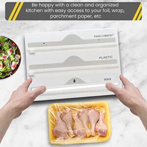 3-in-1 Acrylic Wrap Dispenser with Cutter White | Foil Plastic Wrap Storage Organizer| Aluminum Foil Wrap Organizer for Kitchen Storage