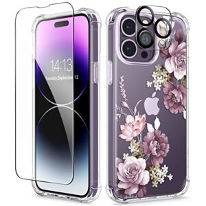 gviewin designed for iphone 14 pro max case, screen protector + camera lens protector flower shockproof clear floral design protective women phone cover, 6.7 inch 2022 (cherry blossoms/purple)