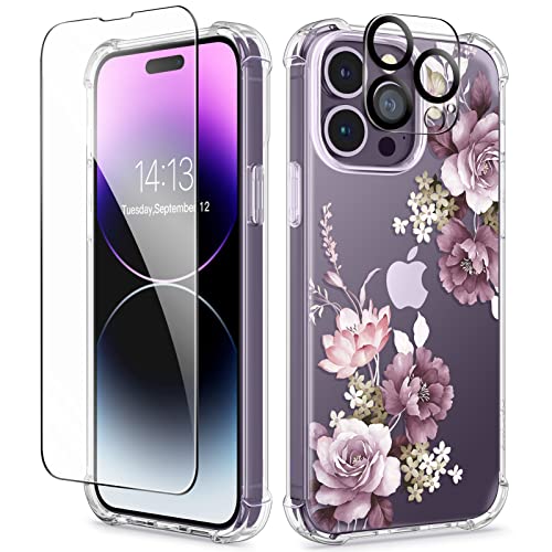 GVIEWIN Designed for iPhone 14 Pro Max Case, Screen Protector + Camera Lens Protector Flower Shockproof Clear Floral Design Protective Women Phone Cover, 6.7 Inch 2022 (Cherry Blossoms/Purple)