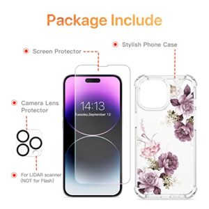 GVIEWIN Designed for iPhone 14 Pro Max Case, Screen Protector + Camera Lens Protector Flower Shockproof Clear Floral Design Protective Women Phone Cover, 6.7 Inch 2022 (Cherry Blossoms/Purple)