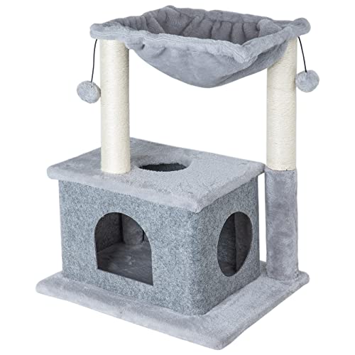 Dimaka Small Cat Tree with Hammock 24" Cat Tower and Condo with Sisal Scratching Posts and 2 Dangling Balls