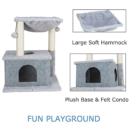 Dimaka Small Cat Tree with Hammock 24" Cat Tower and Condo with Sisal Scratching Posts and 2 Dangling Balls