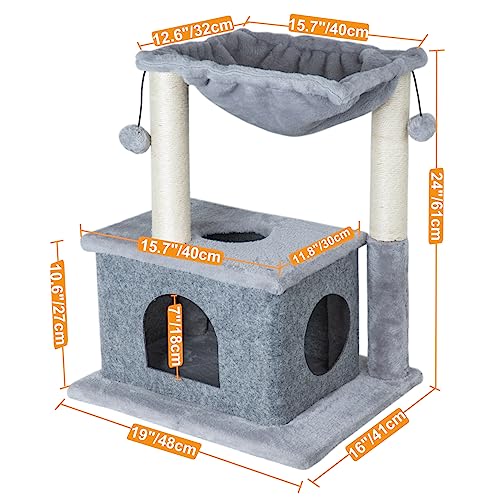 Dimaka Small Cat Tree with Hammock 24" Cat Tower and Condo with Sisal Scratching Posts and 2 Dangling Balls