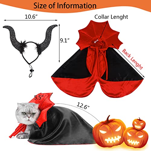 2 Pcs Pet Halloween Costume Cat Dog Cosplay Vampire Cape Devil Horns Hat Holiday Clothes for Cat Puppy Dog Halloween Party Pet Cosplay