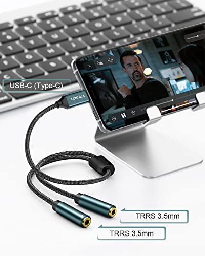 LOKUKA USB C to Dual 3.5mm Female Headphone Splitter, Type C to AUX TRRS 2-in-1 Audio Adapter with Hi-Res DAC Chip, for USB-C Smartphone, Laptop, Pad to Two Headphones, Speakers, TRRS Microphones