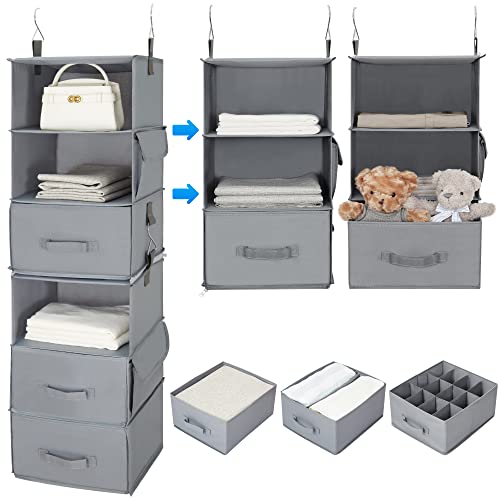 JARLINK 6-Shelf Hanging Closet Organizer, 2 Separable 3-Shelf Hanging Shelves with 3 Drawers, Clothes Organizer and Storage for Bedroom, Wardrobe, Nursery, RV, College Dorm, 12.2'' x 13.6'' x 47.2''