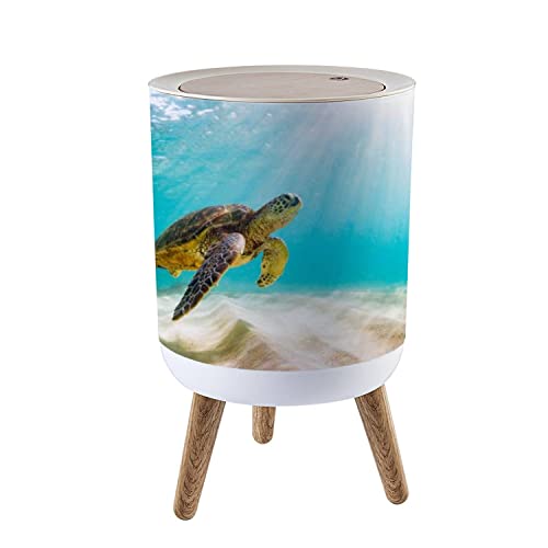 KSYGYFRUDE Small Trash Can with Lid Beautiful Hawaiian Green Sea Turtle Round Garbage Can Press Cover Wastebasket Wood Waste Bin for Bathroom Kitchen Office 7L/1.8 Gallon