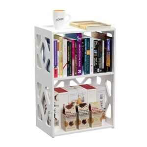 rerii small bookshelf bookcase for small spaces, bed side end table 3 tier 2 shelf, mini little book shelf case for kids room bedroom living room office, white