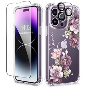 gviewin compatible with iphone 14 pro case with screen protector & camera lens protector, floral slim shockproof protective hard pc+tpu bumper flower women cover, 6.1" 2022(cherry blossoms/purple)