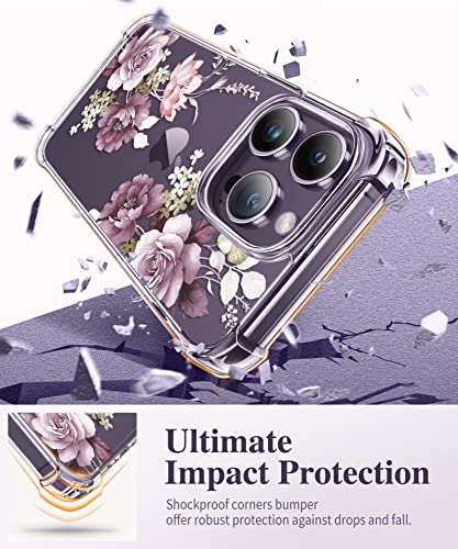 GVIEWIN Compatible with iPhone 14 Pro Case with Screen Protector & Camera Lens Protector, Floral Slim Shockproof Protective Hard PC+TPU Bumper Flower Women Cover, 6.1" 2022(Cherry Blossoms/Purple)