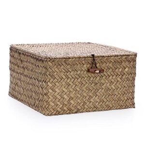 hipiwe wicker shelf baskets bin with lid handwoven seagrass storage basket container square multipurpose household basket boxes for shelves and home organizer, coffee medium
