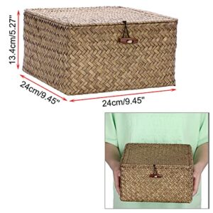 Hipiwe Wicker Shelf Baskets Bin with Lid Handwoven Seagrass Storage Basket Container Square Multipurpose Household Basket Boxes for Shelves and Home Organizer, Coffee Medium