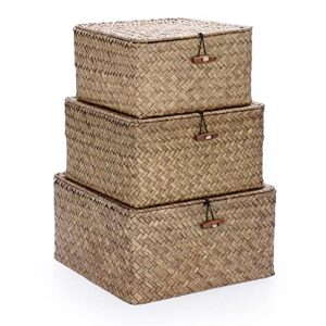 hipiwe wicker shelf baskets bins with lid handwoven storage baskets boxes natural seagrass basket box home decorative household organizer bins boxes for shelf organizing,set of 3
