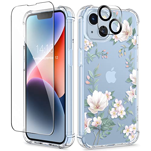 GVIEWIN Compatible with iPhone 14 Case with Screen Protector + Camera Lens Protector, Soft Shockproof Clear Floral Phone Protective Cover for Women, Flower Pattern Design 6.1" (Magnolia/White)